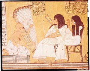 Il defunto e sua moglie che ascoltano un arpista cieco, dalla Tomba di Ankerkhe, Tombe degli Operai, Nuovo Regno (pittura murale)